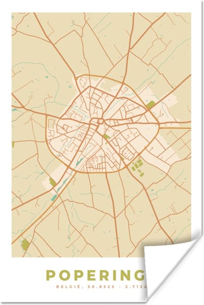 Poster Vintage - Kaart - Plattegrond - Poperinge - Stadskaart - 120x180 cm XXL
