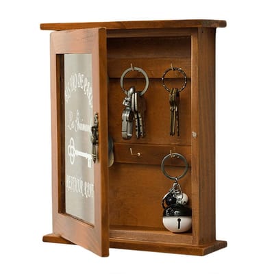 Dailygoods- Sleutelkast Houten Wandmontage - Retro Sleutelkastje - Glazen Deur - 6 Haken - Massief Hout - Hoogwaardige Afwerking - Sleutelhouder