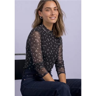 Shirt van mesh met lange mouwen, ronde hals en print