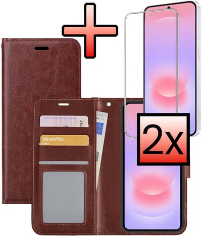 Hoesje - Met 2x Screenprotector - Geschikt voor Samsung Galaxy A37 - Luxe Pasjeshouder - Bookcase Portemonee - Flip Case - Kunstleer Book Case - Flipcase Hoes - Book Cover - Walletcase - Portemonneehoes - Bruin