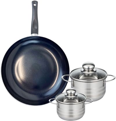 Set van 1 Koekenpan 28 cm en 2 kookpotten 12 en 14 cm Elo Prima Glanzend