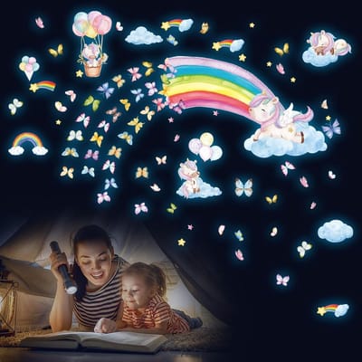 Eenhoorn muursticker kinderkamer lichtgevende sterren, lichtgevende muursticker meisjeskamer regenboog lichtgevende sticker, zelfklevende babykamer, decoratie, cadeaus voor jongens en meisjes