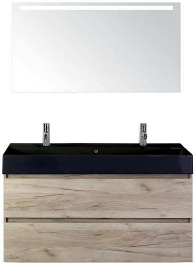 Maxx XL Badmeubelset 120 cm - Craft Oak - Wastafel Kube Enkel Zwart 2 Kraangaten met LED Spiegel