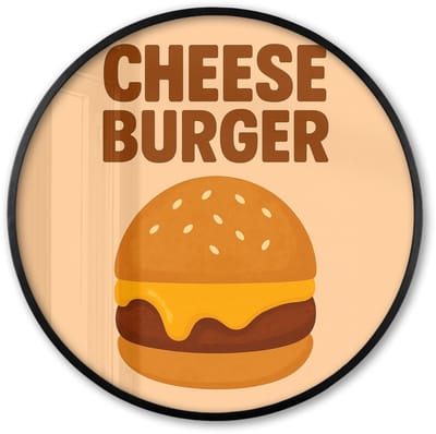 Poster in lijst Rond - Fotolijst 60x60 cm - Posters - Cheeseburger - Minimalistisch - Geel - Ronde posterlijst zwart - Decoratie - Wanddecoratie woonkamer - Muurdecoratie slaapkamer