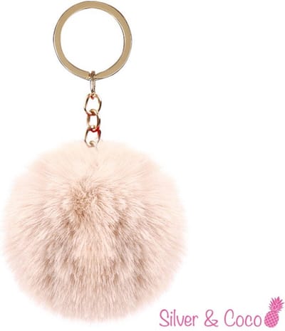 SilverAndCoco® - Meisjes Faux Fur Bal / Sleutelhanger Auto Huis / Key Chain Pom Pom / Sleutel Ring Nep Bol Imitatie Bont / Pluche Fluffy Bolletje / Sleutels Vrouwen - Wit / Beige