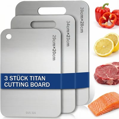 Snijplanken Set - 3 Stuks - Dubbelzijdig - RVS 304 & Titanium Coating - Antislip - 29 x 20 cm, 34 x 23 cm & 39 x 28 cm - Voor Keuken & Camping