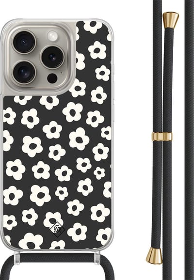 Casimoda® hoesje met zwart koord - Geschikt voor iPhone 15 Pro - Retro Bloempjes - Afneembaar koord - TPU/polycarbonaat - Zwart