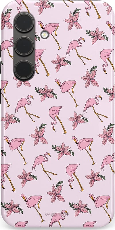 Casetastic hoesje geschikt voor Samsung Galaxy S24 - Dubbellaagse bescherming - Tropisch Roze Flamigo Bloemen Paradijs - Fashion Case - Lichtgrijs Wit Lichtroze