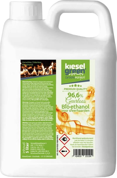 KieselGreen 5 Liter Bio-Ethanol Geurloos - Bioethanol 96.6%, Veilig voor Sfeerhaarden en Tafelhaarden, Milieuvriendelijk - Premium Kwaliteit Ethanol voor Binnen en Buiten