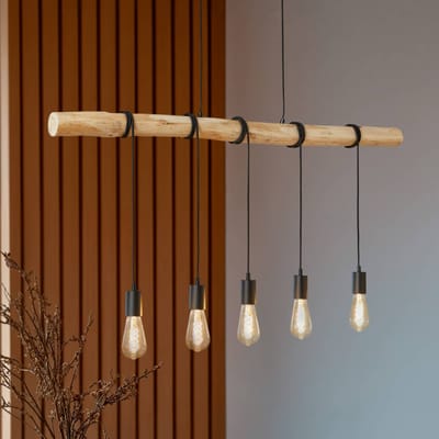 Lindby - hanglamp - 5lichts - Ijzer, hout, touw - E27 - matzwart, licht hout