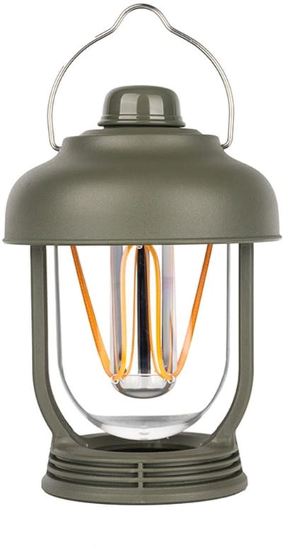 KZQ Campinglamp in retrostijl, compact en draagbaar, oplaadbaar, voor een warme en gezellige sfeer. Vier helderheidsniveaus, aanbevolen voor kamperen in de buitenlucht. (Legergroen)