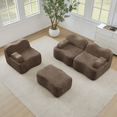Modulaire-Hoekbank-3-Zits-Fluweel-Bruin-Frameloos-Golvend-Design-Met-Poef