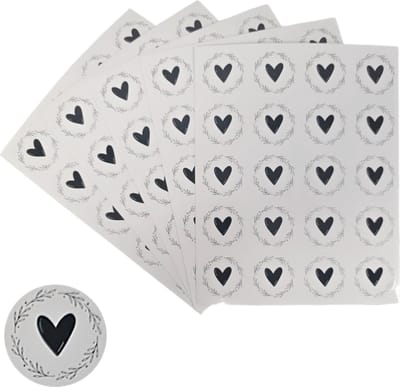 200x Transparante Stickers Op Vel - 32mm - Hart Krans Zwart - Serie 5 - Sluitsticker - Sluitzegel - Cadeau Sticker - Hartje Zwart - 200 Stuks