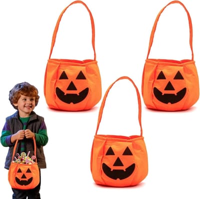 Set van 3 Halloween Snoezige Pompoen Tassen voor Kinderen, Perfect voor Trick or Treat en Feestjes