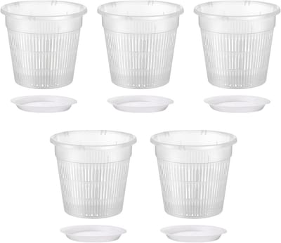 Omgoods - Set van 5 Transparante Orchidee Potten met Ondertafel