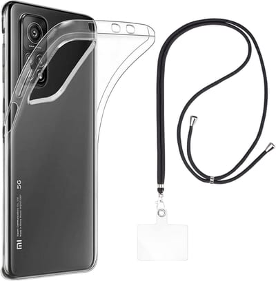 Set met hoesje en nekband voor xiaomi mi 10t / mi 10t pro - Flexibele, transparante TPU-bescherming, verstelbare universele nekband voor mobiele telefoons, zwarte nekband, transparante draagriem van Phonillico®