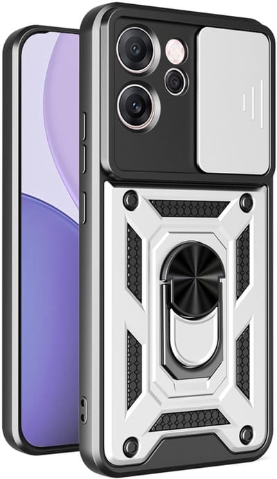MobyDefend Hoesje - Geschikt voor Oppo Reno14 F / Oppo Reno14 FS - Pantsercase Met Draaibare Ring - Zilvergrijs