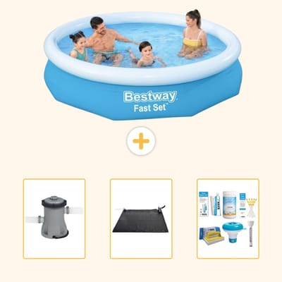 Bestway Rond Opblaasbaar Fast Set Zwembad - 305 x 66 cm - Blauw - Inclusief Pomp - Solar Mat - Onderhoudspakket - 4-delig