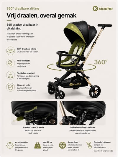 Kxiaohe - Luxe Kinderwagen - Buggy - Lichtgewicht & Inklapbare voor 0-4 Jaar - Zwart met Olijf Groen