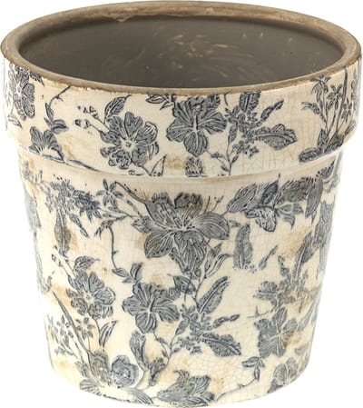 Keramiek Bloempot voor Binnen – Grijs Bloemen – Rustieke Pot – Ø 16 cm – Bloemenmotief