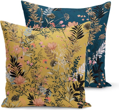 Bedrukt Kussenhoesje Bloemen - Velvet Kussenhoes set van 2 - 45x45 cm - Bloemen op Donkerblauw & Geel - Aan beide zijdig bedrukt