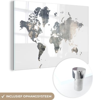 ® Glasschilderij 120x80 cm - Schilderij acrylglas - Wereldkaart - Blauw - Hout - Foto op glas - Muurdecoratie woonkamer - Wanddecoratie slaapkamer - Schilderijen