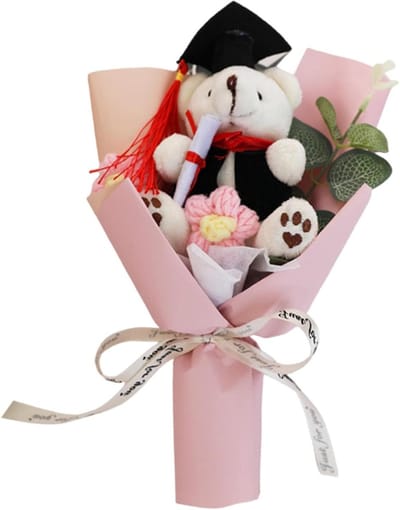 Afstudeerbeer Bloemenboeket - Kroesbloemen Pluche Boeket - Cadeau Geven - Handgemaakt Ontwerp - 25 cm - Roze
