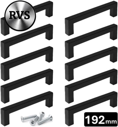 10 X MSQDESIGN Handgrepen RVS zwart - Boormaat 192mm - zwarte Handgreep voor Keuken & Kast - Moderne Meubelgreep - Keukengreep Mat zwart -Kastgrepen- zwarte Greepjes Keuken - zwarte RVS Handvatten - Deurgreepjes -incl schroeven