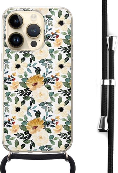 Hoesje met koord - Geschikt voor iPhone 14 Pro - Lovely flowers - Verstelbaar zwart koord - Transparant, Geel - Bloemen - Leuke Telefoonhoesjes
