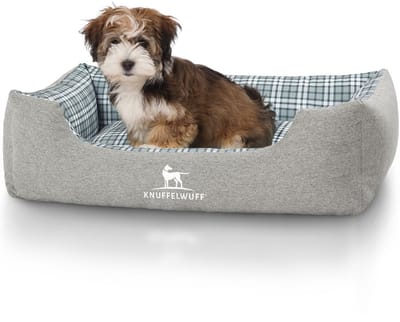 Knuffelwuff Hondenbed Lennard van velours met ruitpatroon M-L 85 x 63cm grijs/groen