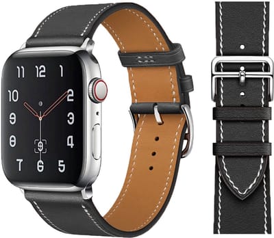 Stravo Premium Slank Leren Bandje - Geschikt voor Apple Watch 42mm (Series 11/10), 41mm (Series 9/8/7), 40mm (Series 6/5/4, SE 3/2/1), 38mm (Series 3/2/1) - Dun Leather Horlogebandje van Echt Leer met RVS Gesp - Zwart