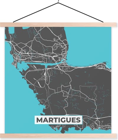 Posterhanger incl. Poster 40x40 cm - Schoolplaat - Stadskaart - Kaart - Plattegrond - Martigues - Frankrijk - Textielposter - Blanke latten - Stadskaart