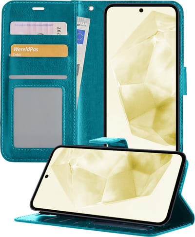 Hoesje - Met Pasjeshouder - Geschikt voor Samsung Galaxy A35 - Luxe Bookcase Portemonee - Flip Case - Kunstleer Book Case - Flipcase - Book Cover - Walletcase - Portemonneehoes - Telefoonhoesjes - Turquoise