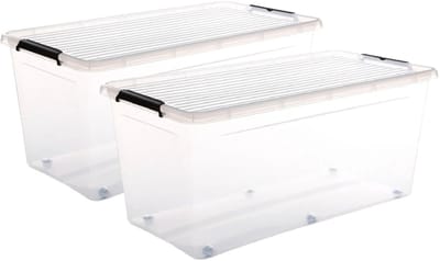 5Five opberg kist met deksel - 2x - Clip Box - 75 liter - 76 x 39 x 35 cm - kunststof - transparant - met wielen