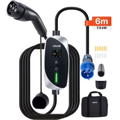 VEVOR Mobile Wallbox, 7,4 kW, 32 A, Type 2 laadstation, draagbare eenfasige lader met 6 m laadkabel, CEE-stekker, LCD-scherm, IP66-besturingseenheid, voeding voor elektrische voertuigen
