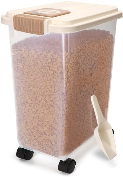 Nobleza Voercontainer - 40L - 15KG - Voedselcontainer hond - Opslagcontainer met datumregistratie - Zwenkwielen - Transparant
