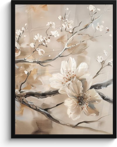Poster in lijst - Fotolijst 60x80 cm - Posters - Bloemen - Natuur - Wit - Bloesem - Abstract - Posterlijst zwart - Decoratie - Wanddecoratie woonkamer - Muurdecoratie slaapkamer