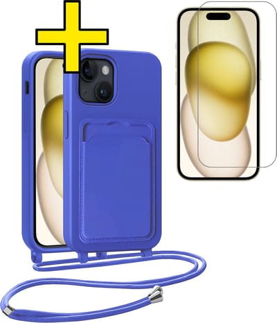 Hoesje Geschikt voor iPhone 14 Pro Max Telefoonhoesje Met Koord Case Pashouder Met Screenprotector Siliconen - Hoes Geschikt voor iPhone 14 Pro Max Hoesje Met Kaarthouder - Felblauw