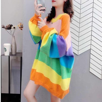 Dames Oude Regenboog Trui Losse Slouchy Lente en Herfst Gebreide Kleding M blue