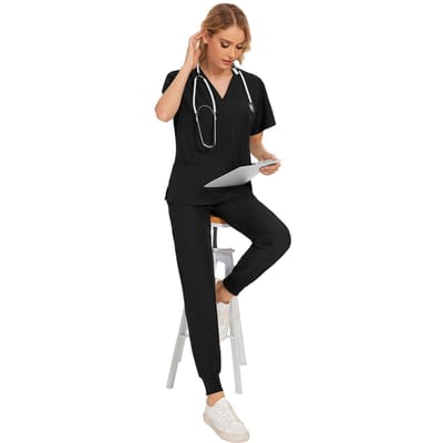 Arts Verpleegster Werkuniform 2 stuks/set Dames Korte mouwen V-hals Verpleegster Top T-shirt + broek Set S zwart