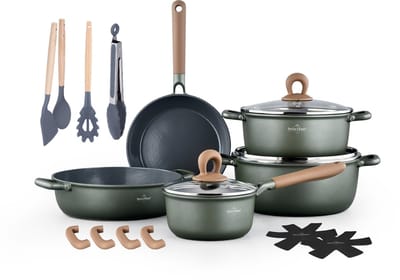 Swiss Haus® ZL3018G Pannenset Inductie - 18 Delige Pannensets - PFAS Vrij - Set Met Koekenpan, Kookpannen, Hapjespan & Steelpan - Vaatwasbestendig - Pannen Voor Alle Warmtebronnen - Sapphire™ Antiaanbaklaag - Groen