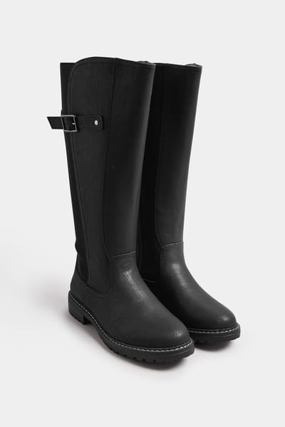 Yours Zwarte Imitatieleren Stretch Kniehoge Laarzen Met Extra Brede Eeepasvorm Size 38EEE