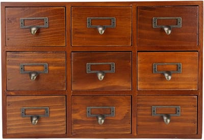 Houten desktop opbergdoos met 9 lades - Antieke juwelendoos van grenen hout - Rustieke uitstraling - Handig en stijlvol opbergen van sieraden - Baked Color.