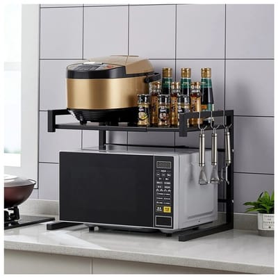 OwlyVision Magnetronrek Uitschuifbaar 2 Laags - Verstelbaar 40 tot 65 cm - Keukenrek voor Aanrecht met 3 Haken - Opbergrek voor Magnetron en Oven - Zwart Staal