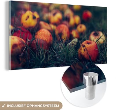 MuchoWow® Glasschilderij 40x20 cm - Schilderij acrylglas - Landelijke decoratie - Herfst - Appel - Fruit - Foto op glas - Schilderijen