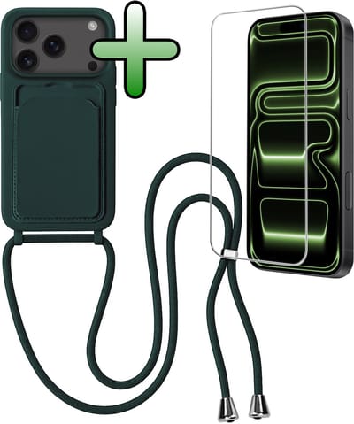 Hoes Geschikt voor iPhone 17 Pro Hoesje Pas Houder Case Hoes Met Koord Met Screenprotector - Hoesje Geschikt voor iPhone 17 Pro Hoes Met Telefoonkoord Pasjeshouder Cover - Donkergroen