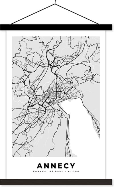 Posterhanger incl. Poster 40x60 cm - Schoolplaat - Annecy – Plattegrond - Frankrijk – Kaart – Stadskaart - Textielposter - Zwarte latten - Stadskaart