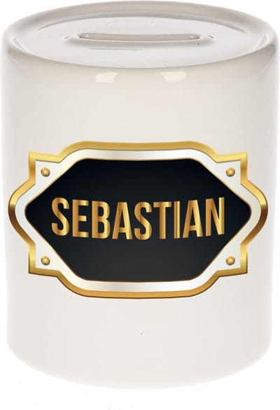Spaarpot met voornaam Sebastian - wit - met goud/zwart embleem - 8 x 9 cm - keramiek - met afsluitdop - cadeau verjaardag