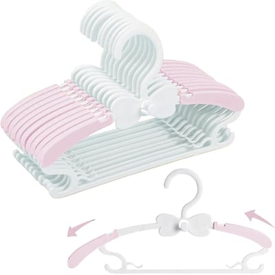 Kleerhangers voor kinderen - Set van 20 stuks, 28-37 cm, van kunststof, stapelbaar met vlinderhaak, antislip, uittrekbaar, roze en wit.