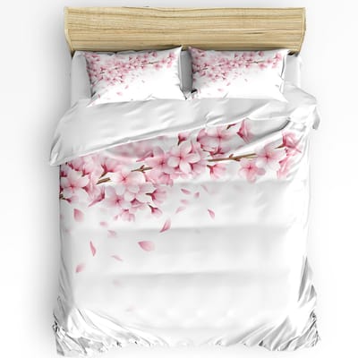 Japanse Stijl Sakura Kersenbloesem Roze Bloem 3-delige Beddengoedset Voor Tweepersoonsbed Hometextiel Dekbedovertrek Quiltovertrek Kussensloop AU Single(140x210cm)
